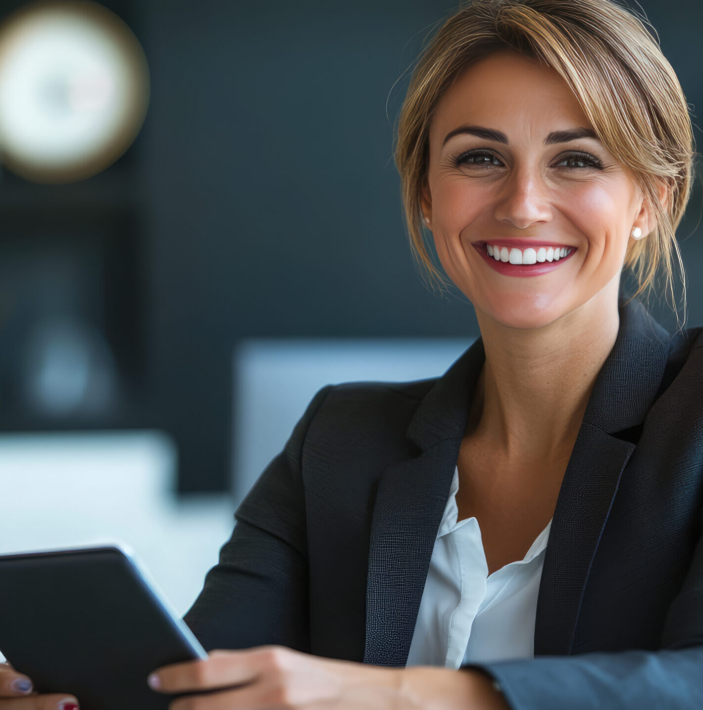 the happy successful female partner lawyer of the big international law firm in business suit is working on her tablet om the office
