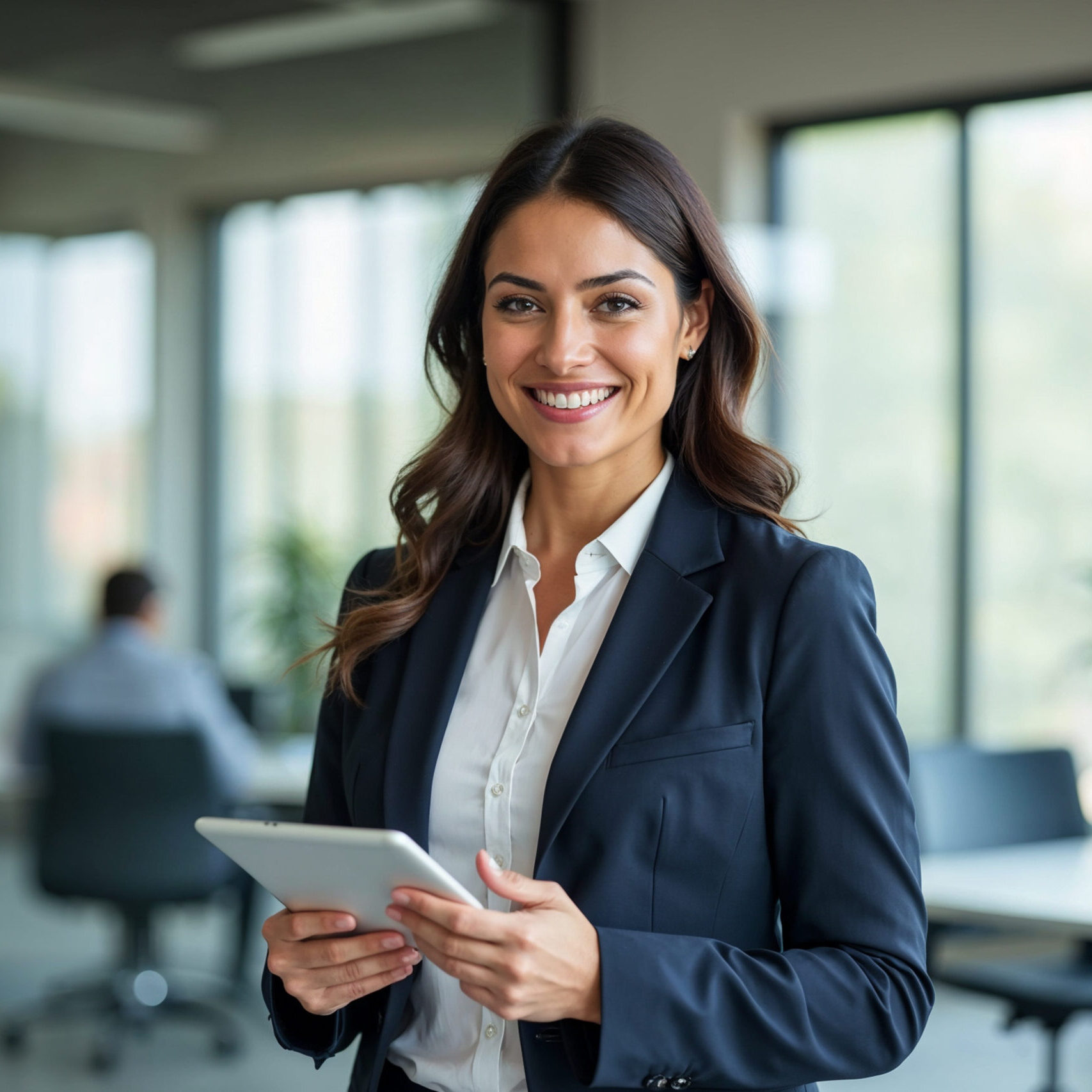 Portrait of young Hispanic professional business woman standing in office. Happy female company executive, smiling businesswoman entrepreneur corporate leader manager looking at camera using tablet Professional business woman standing in office.